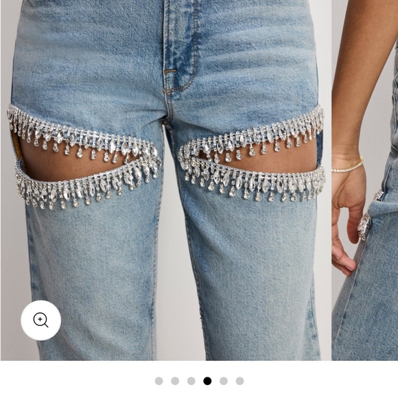 Good American Denim - Good American Light Blue Straight Leg Jeans with Crystal Fringe Cutouts